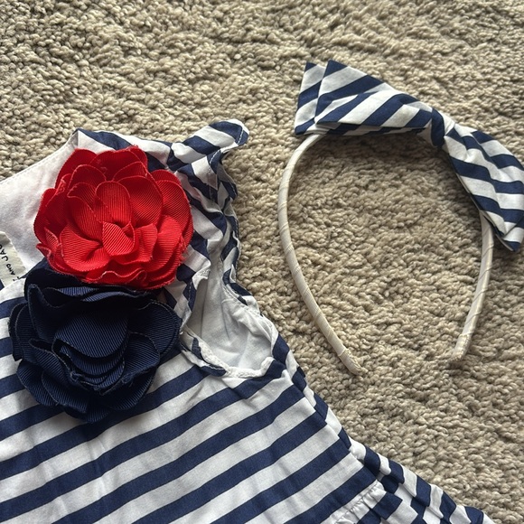Janie and Jack Summer Dress Red White And Blue 4th of July Striped with headband - Picture 5 of 7